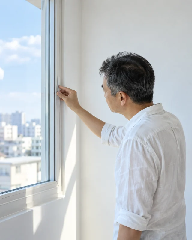 屋主從側面查看住宅窗框，暖日光照亮淺色衣物與牆面，攝影風格示意