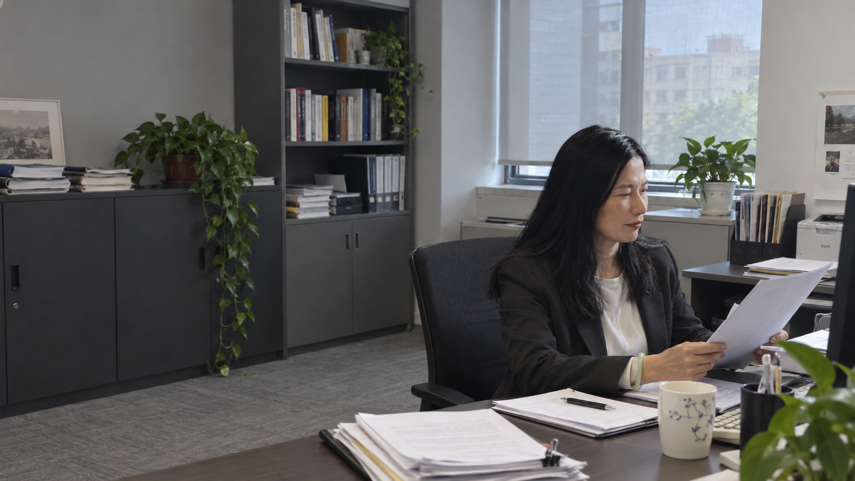 灰黑色辦公室全景,植栽與案卷散置其間,陳錦芳律師在畫面右側閱讀文件